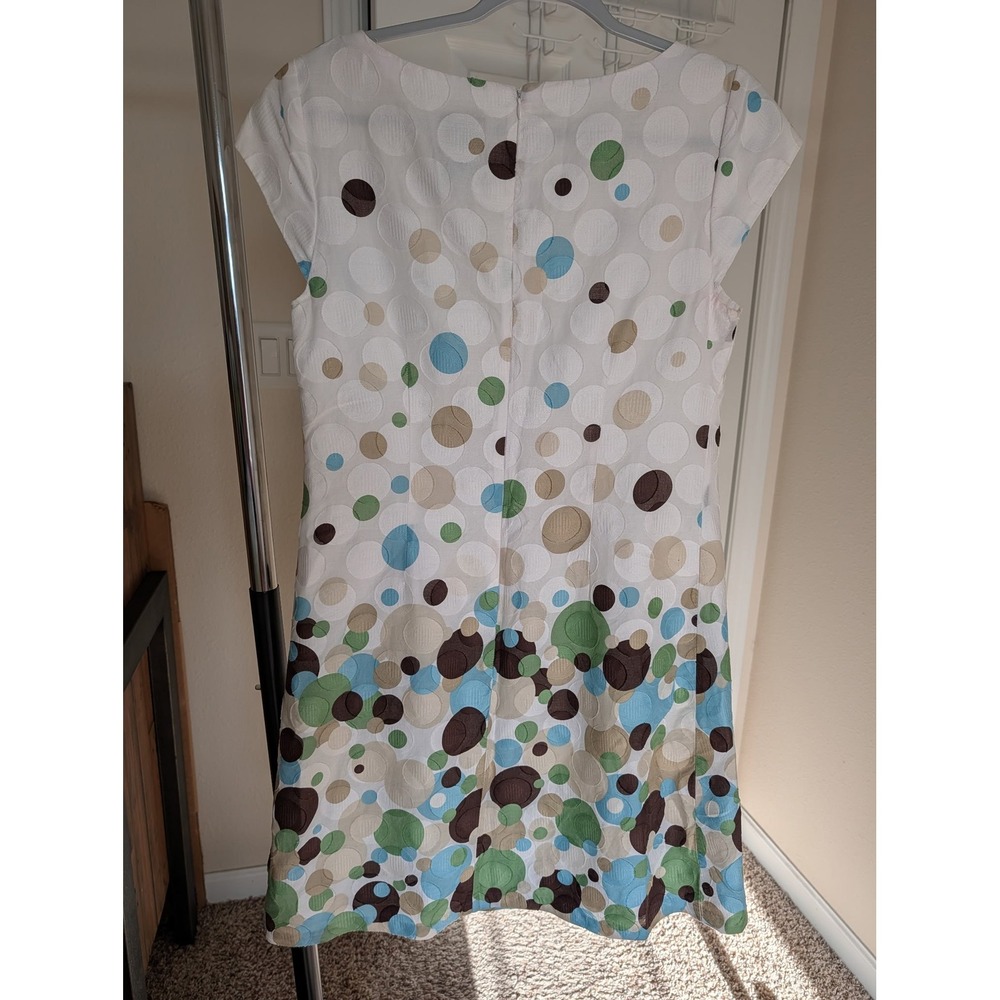 Karin Stevens Women 10 White Polka Dot Cotton Dress Blue Green Brown Pocket